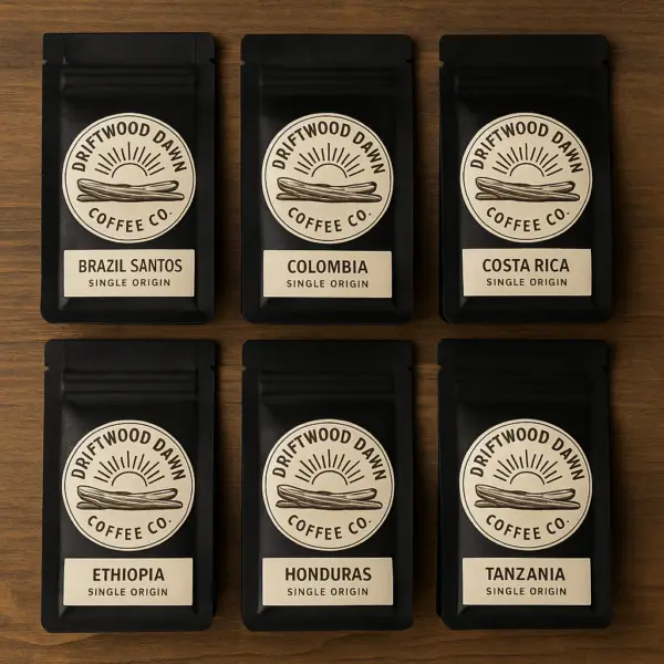 Driftwood Dawn Coffee Co. collection showcasing six single-origin roasts with unique tasting profiles and origin details