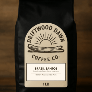 Brazil Santos medium roast coffee from Driftwood Dawn, with notes of cocoa, toasted nuts, and low acidity