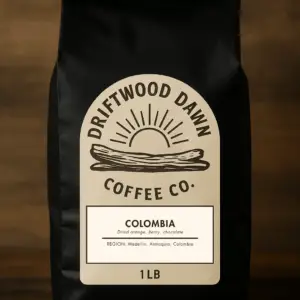 Colombia medium roast coffee from Driftwood Dawn, featuring notes of red apple, toffee, and balanced acidity