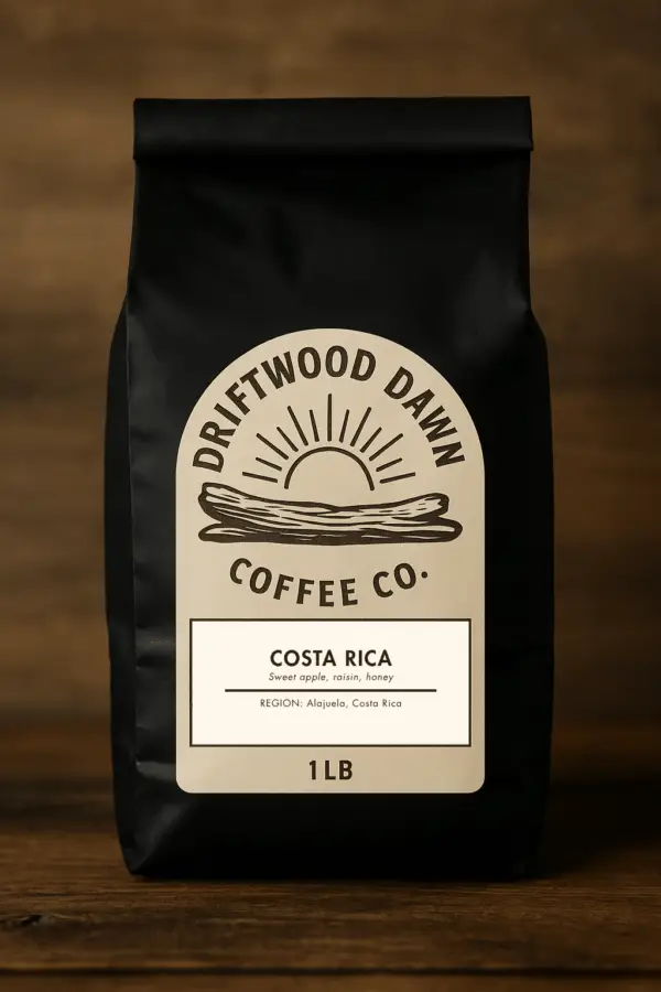 Costa Rica single origin coffee from Driftwood Dawn, medium roast with notes of citrus, honey, and bright acidity