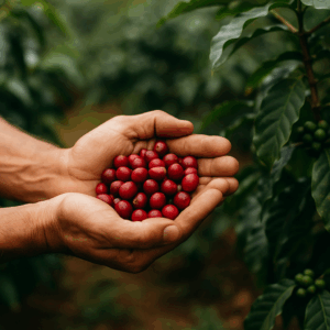 Driftwood Dawn Coffee Co. badge emphasizing ethically grown, responsibly sourced coffee beans