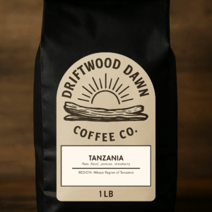 Tanzania single origin coffee from Driftwood Dawn, medium-light roast with notes of pear, floral, jasmine, and strawberry